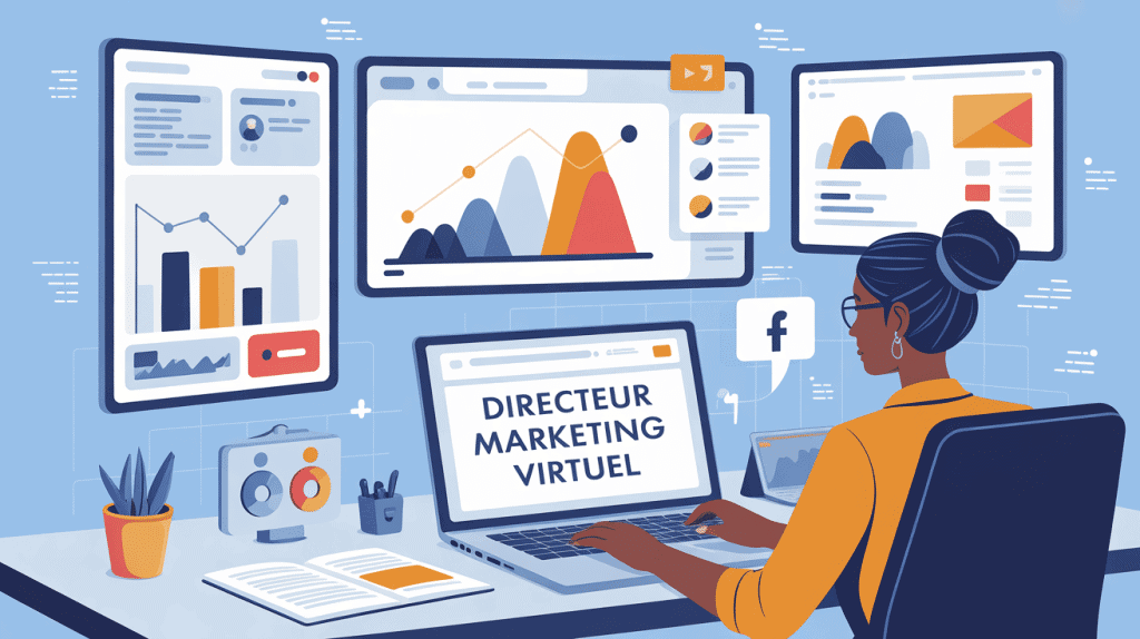 Bureau virtuel directeur marketing virtuel avec écrans et graphiques