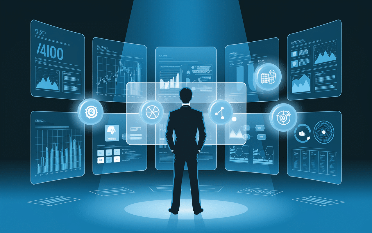 Professionnel directeur marketing virtuel devant écrans virtuels