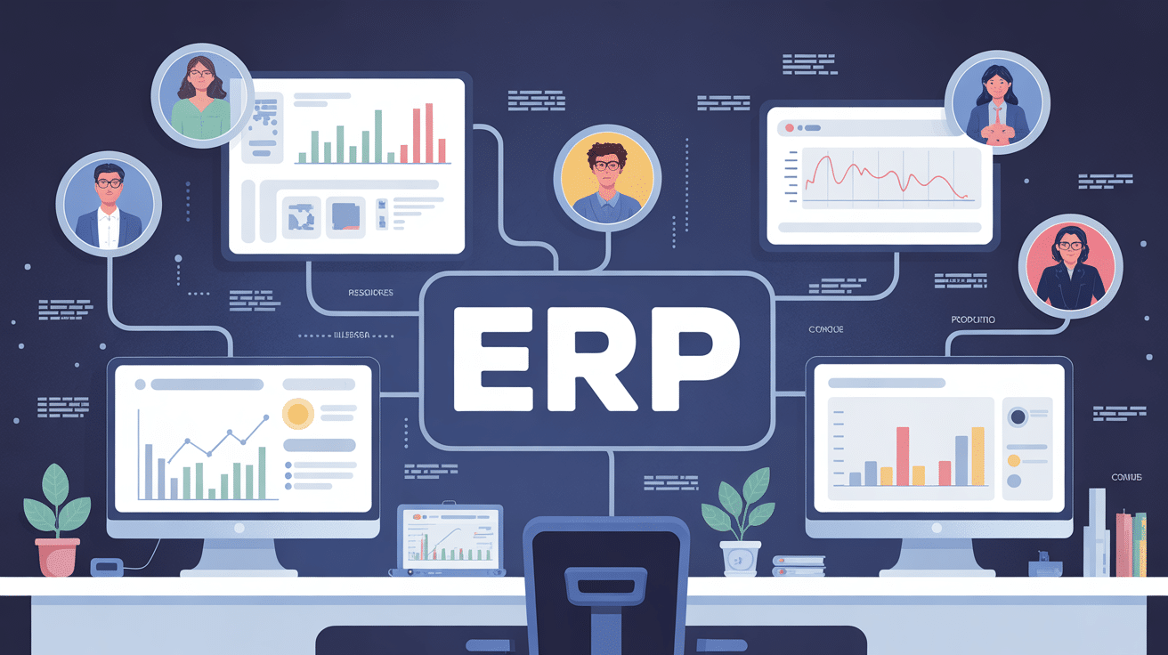 Illustration d'intégration ERP sur ordinateurs modernes