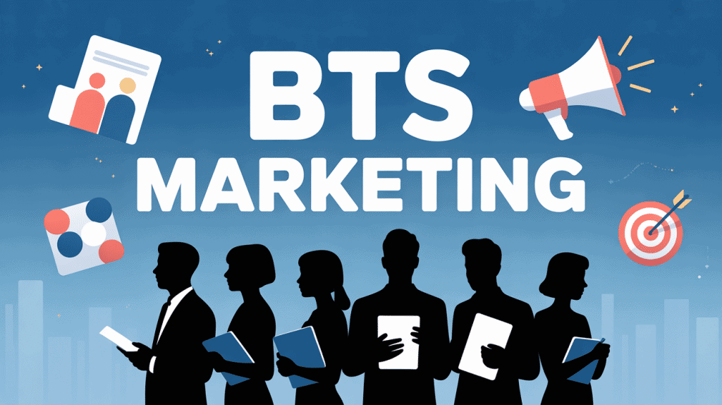 Groupe d'étudiants BTS marketing avec icônes