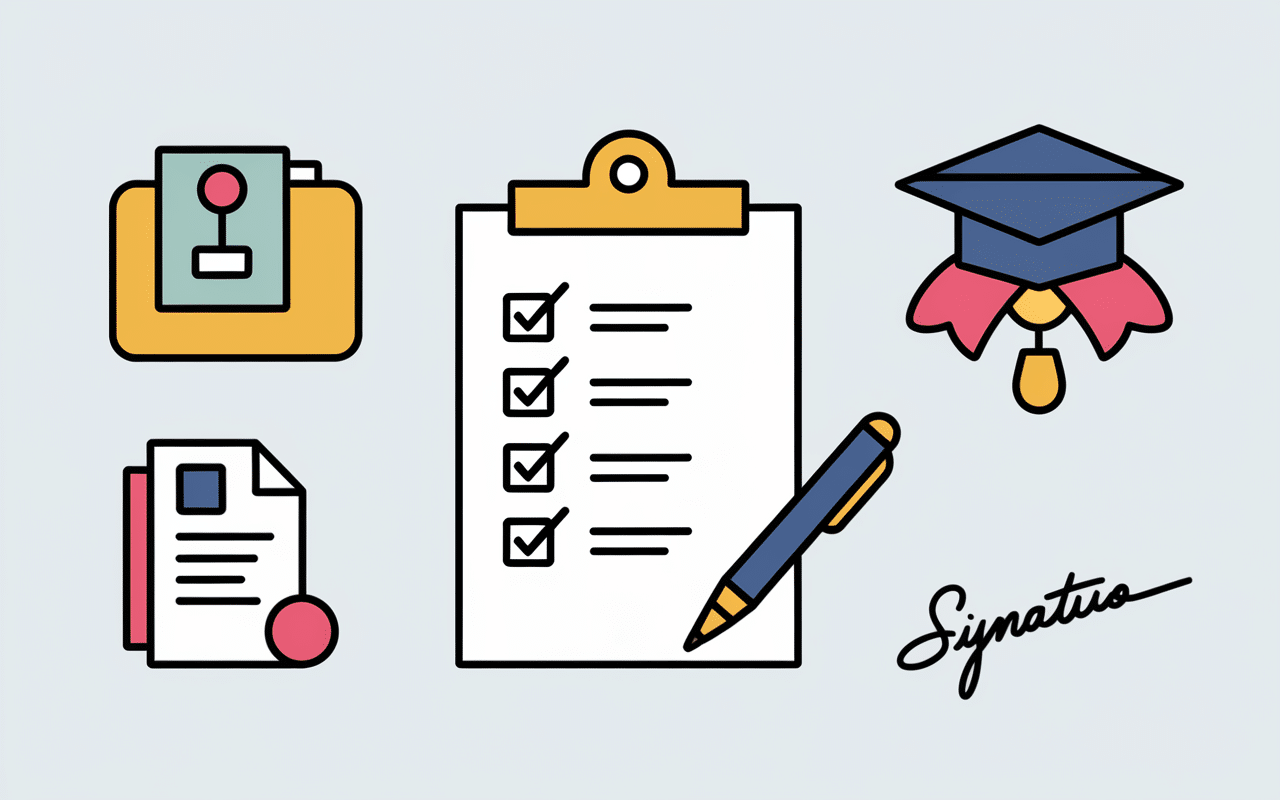 Checklist avec icônes de carte d'identité, diplômes et documents signés