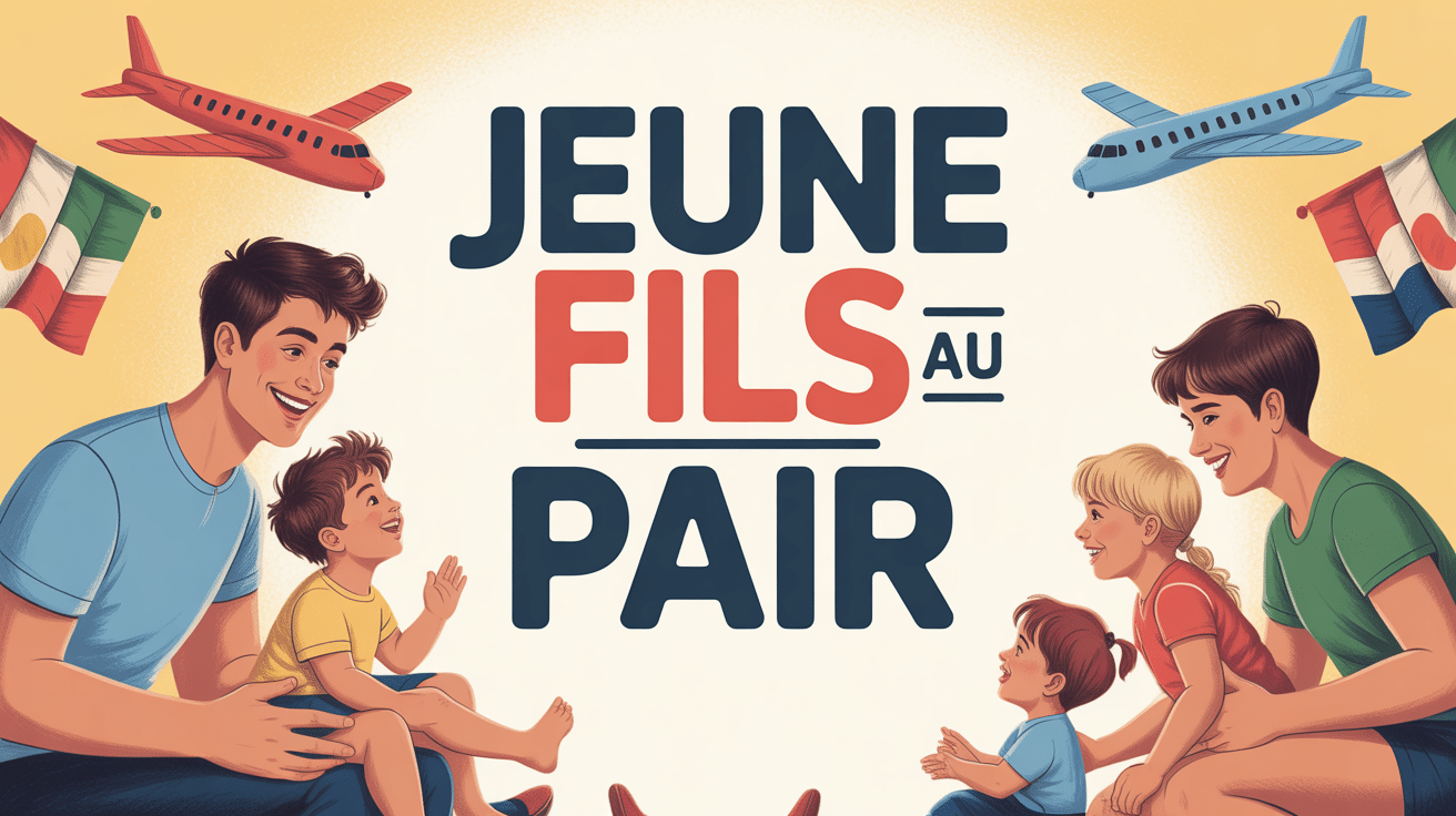 Jeune fils au pair avec enfants et drapeaux internationaux