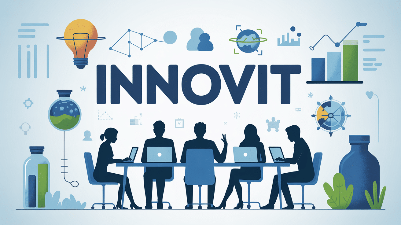 Personnes collaborant autour d'innovit avec icônes innovation