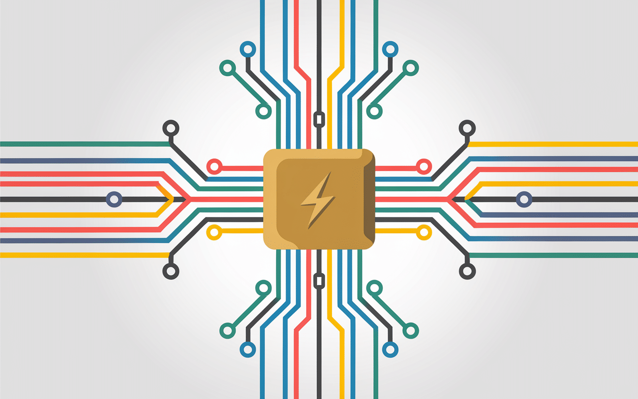 Schéma stylisé hub harnes central et câbles multicolores organisés