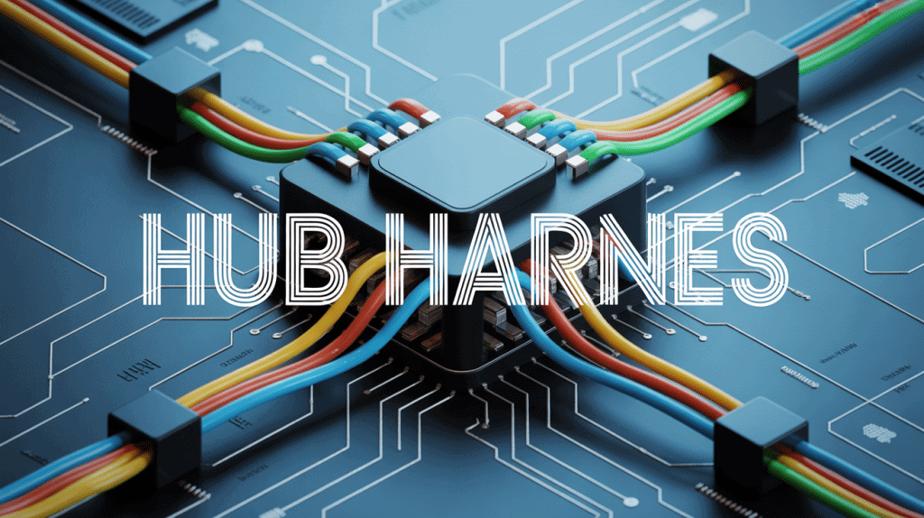 Illustration isométrique hub harnes avec câbles multicolores et circuit imprimé
