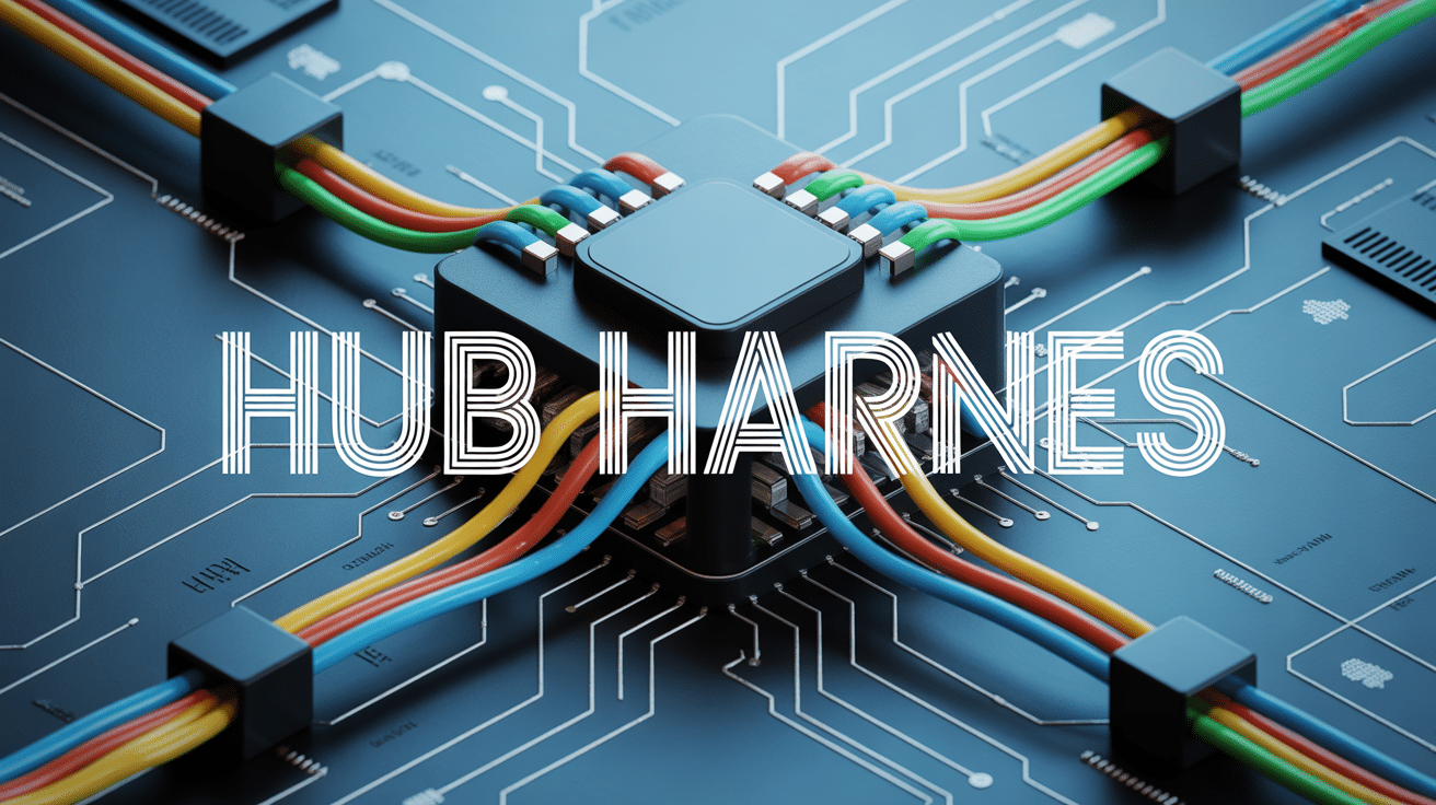 Illustration isométrique hub harnes avec câbles multicolores et circuit imprimé