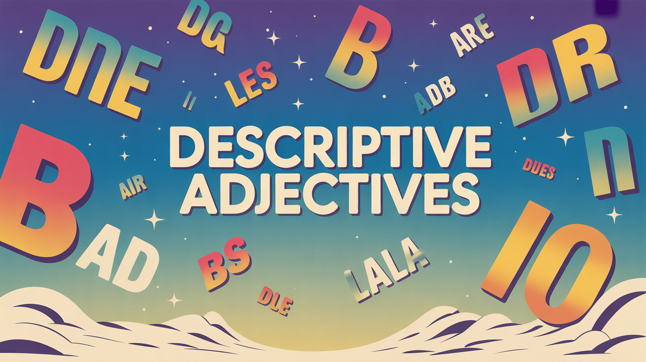 Illustration colorée descriptive adjectives mots flottants