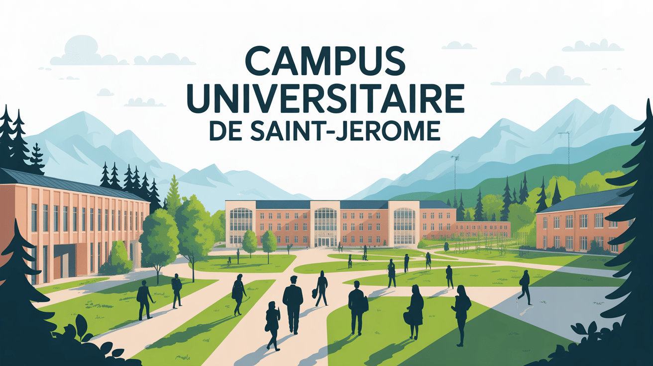 Vue panoramique campus universitaire de Saint-Jérôme avec bâtiments et montagnes