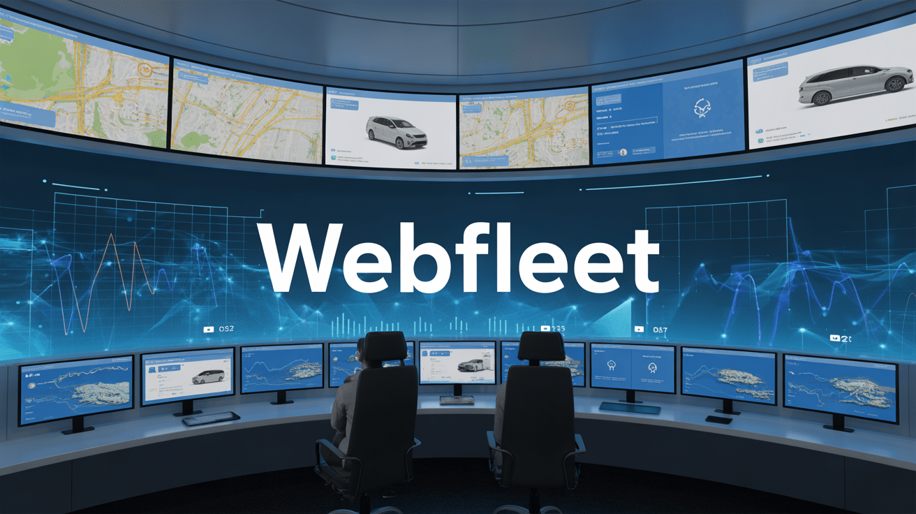 Centre de contrôle webfleet avec écrans et cartes véhicules connectés