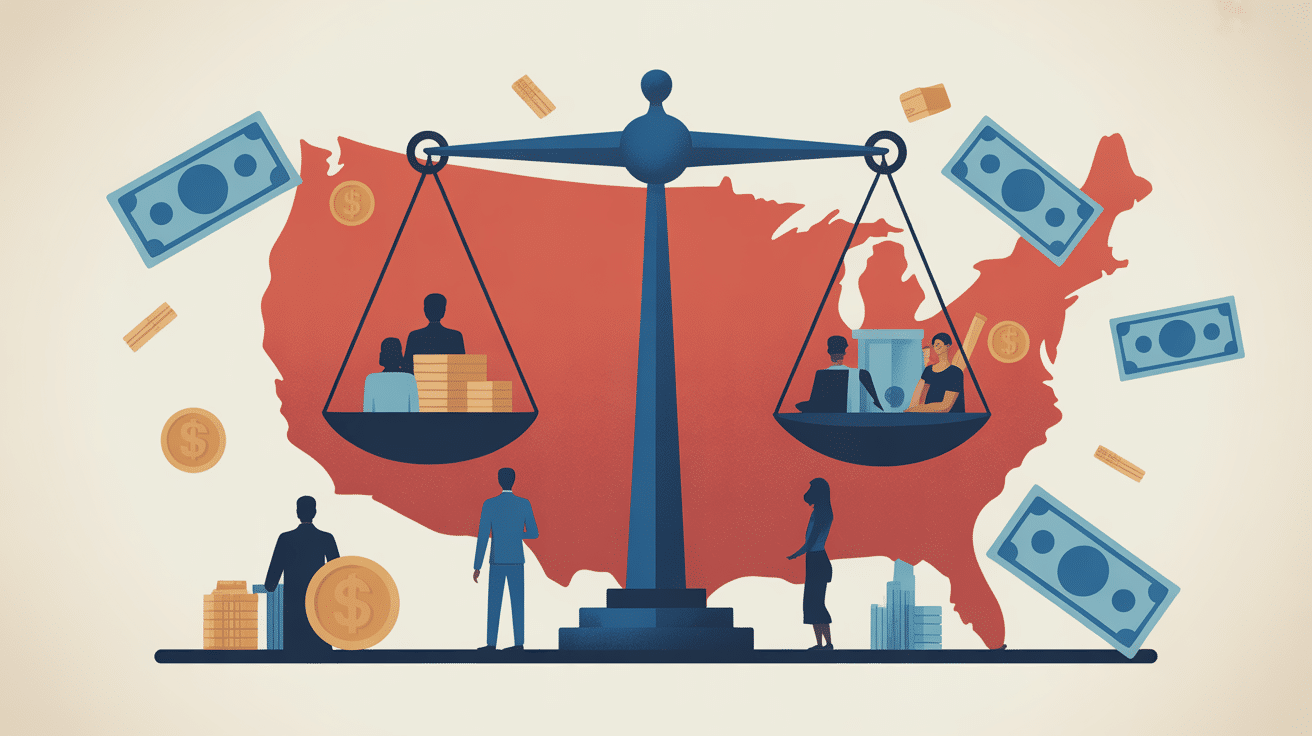 illustration salaire moyen usa balance personnes carte usa