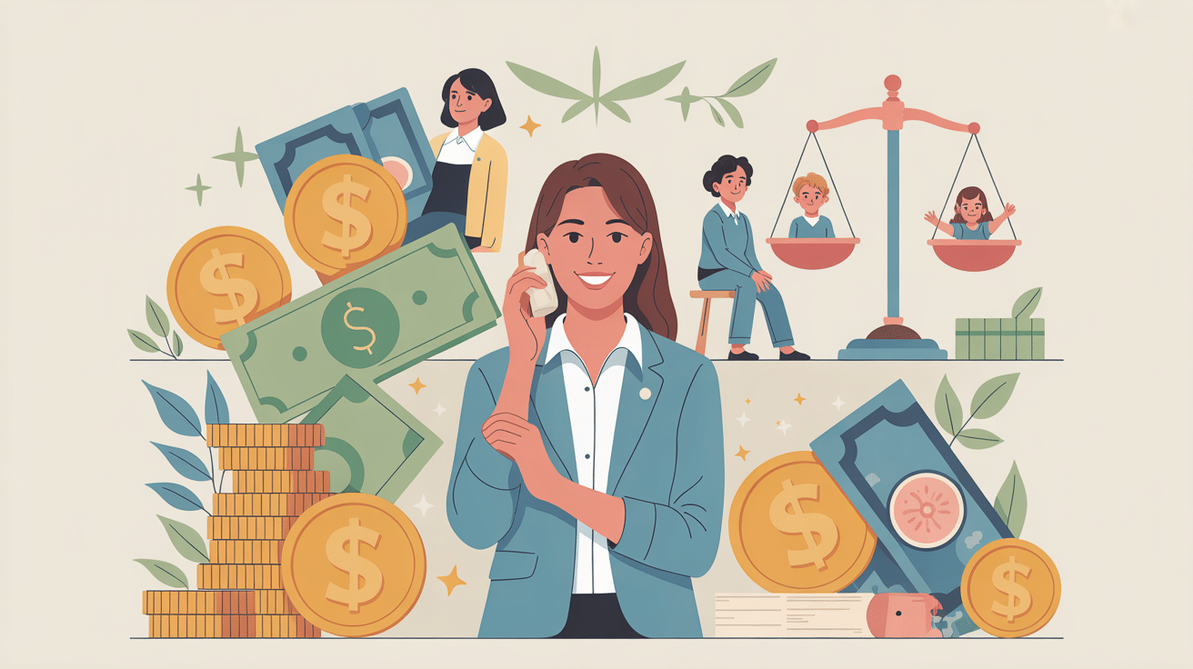 illustration du salaire puéricultrice avec balance, billets et enfants