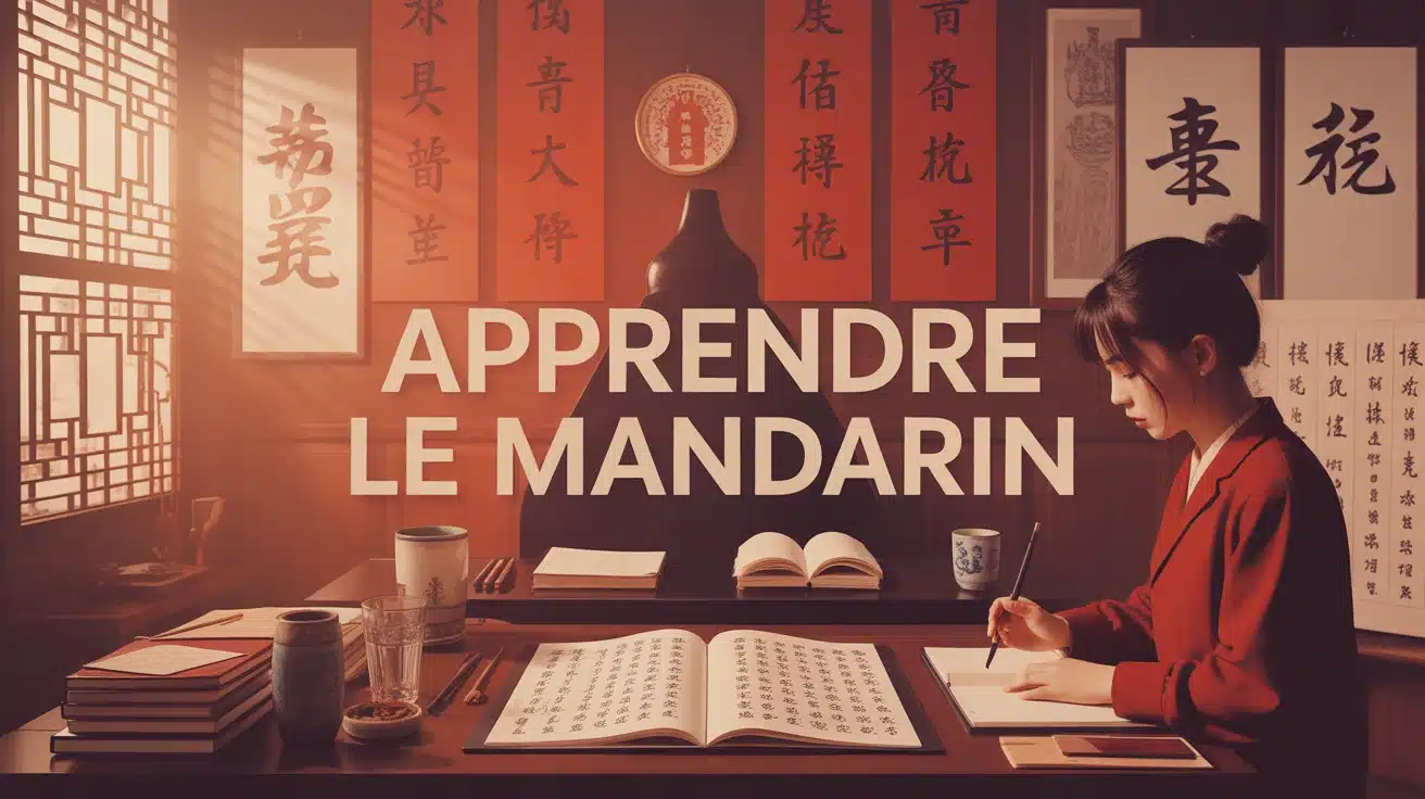 Illustration moderne apprendre le mandarin avec calligraphie et élève