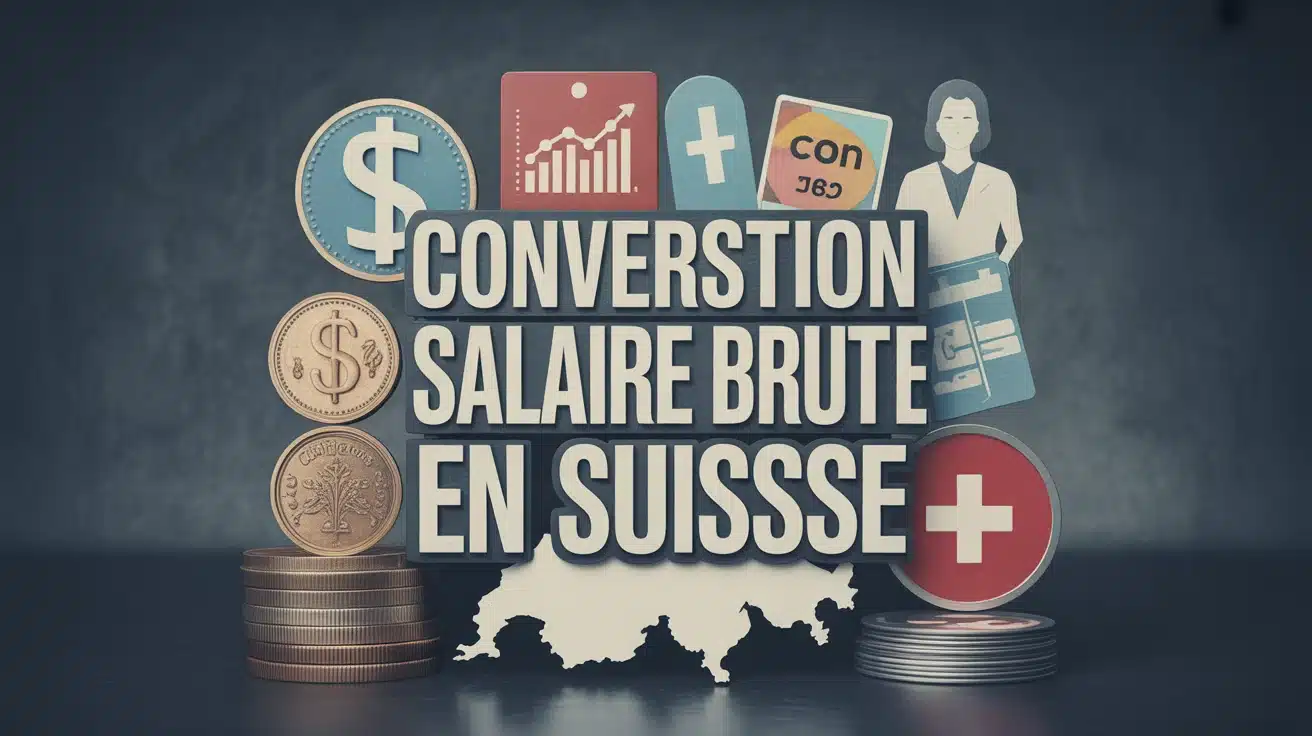 illustration vectorielle conversion salaire brut net en Suisse avec icônes fiscales et carte