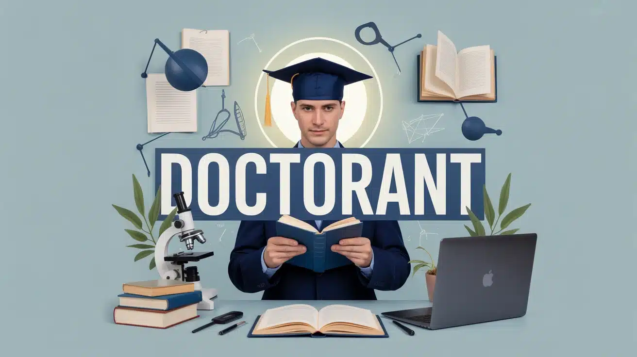 Doctorant concentré avec livres microscope ordinateur graphiques