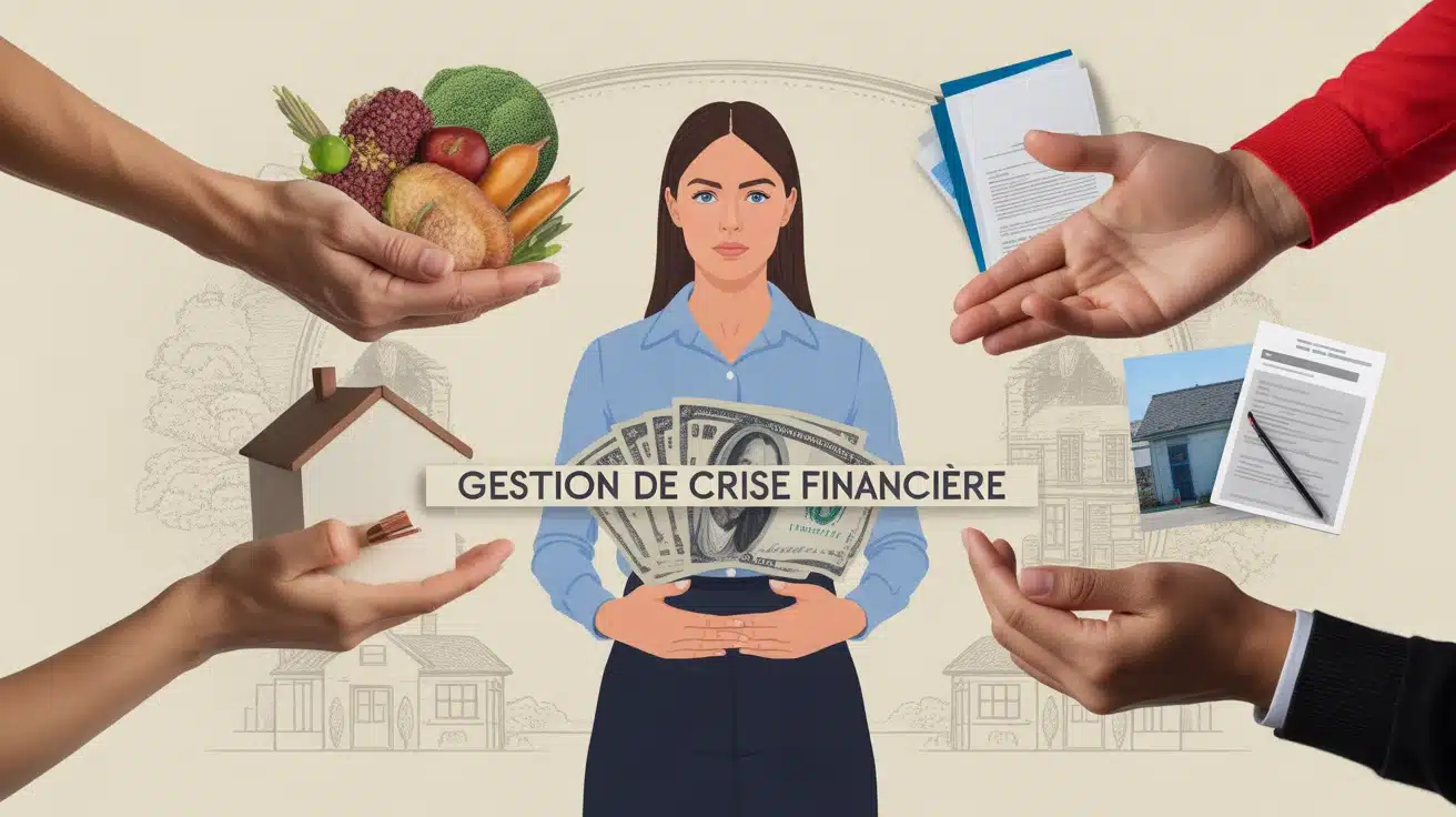Illustration gestion de crise financière avec porte-monnaie et symboles de soutien