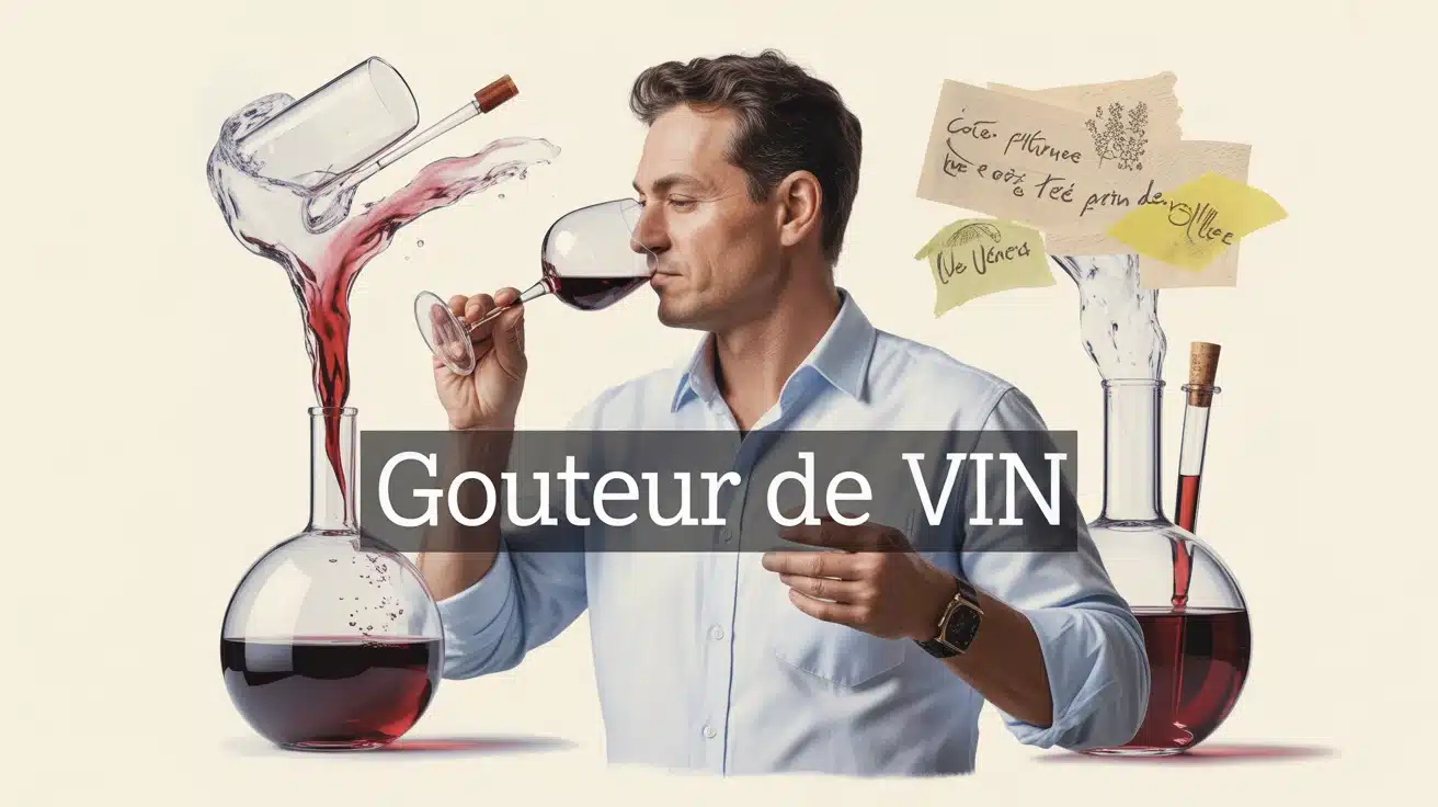 Gouteur de vin professionnel dégustant un verre avec éléments aromatiques