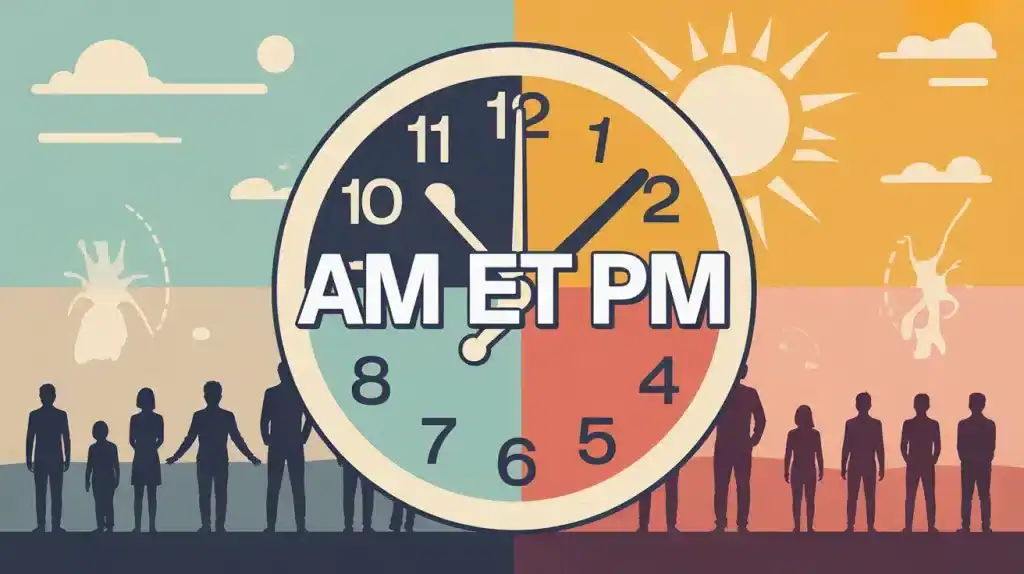 Horloge stylisée AM et PM avec soleil et silhouettes jour nuit