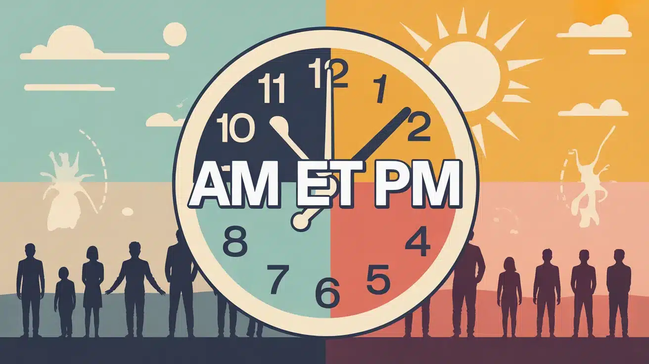 Horloge stylisée AM et PM avec soleil et silhouettes jour nuit