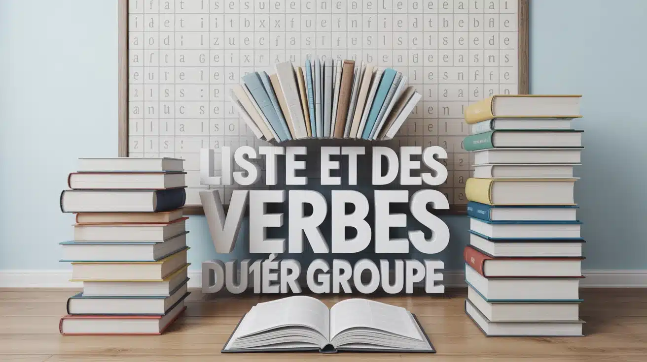 illustration moderne liste des verbes du 1er groupe avec livres et tableau