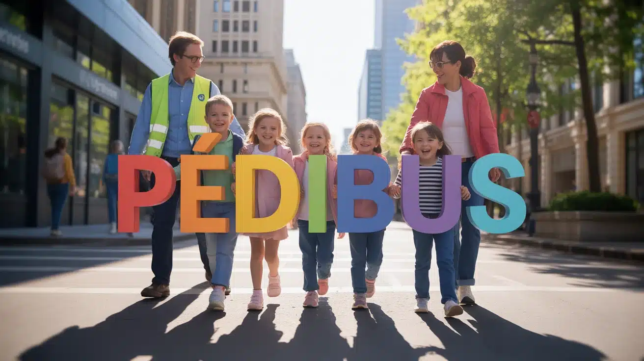 Groupe d'enfants en pédibus avec adultes en ville