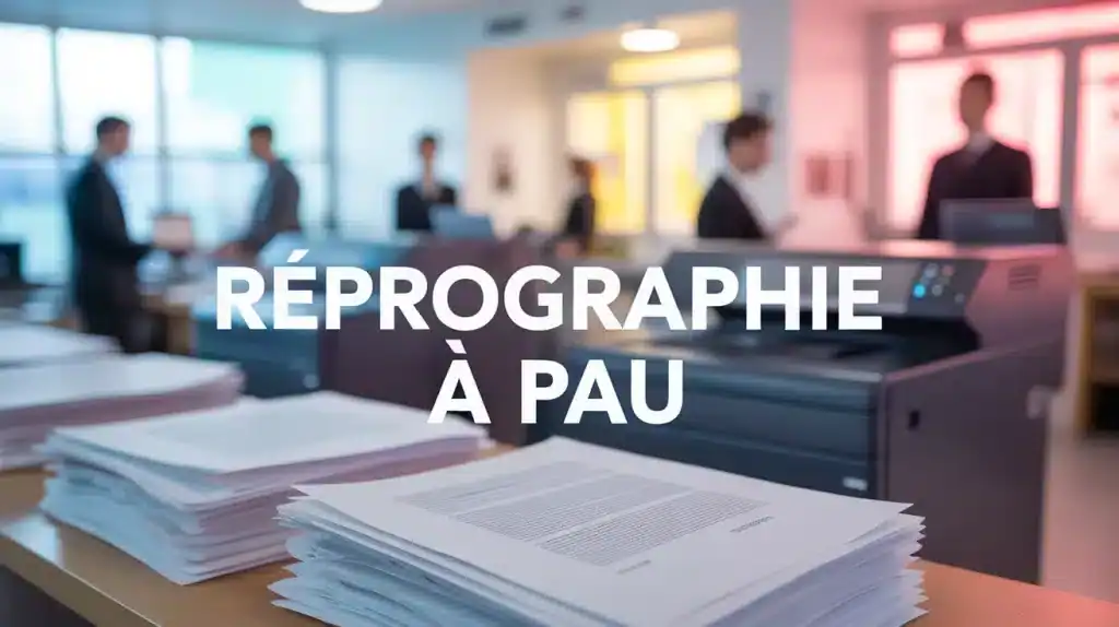 Illustration vectorielle moderne reprographie à Pau avec documents et machines d'impression