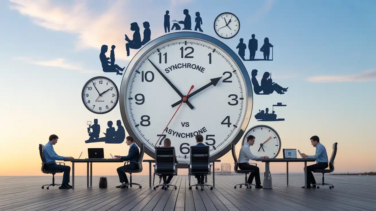Illustration synchrone vs asynchrone travail à distance et collaboration