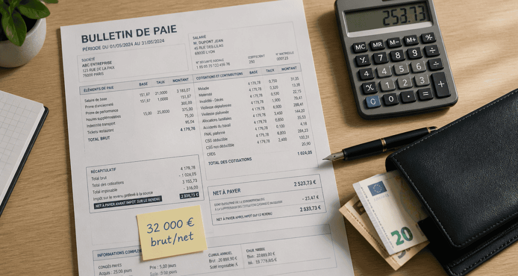 32000 brut en net fiche de paie et calculatrice