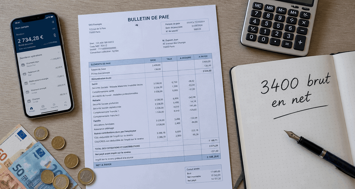 3400 brut en net sur bureau avec fiche de paie et euros