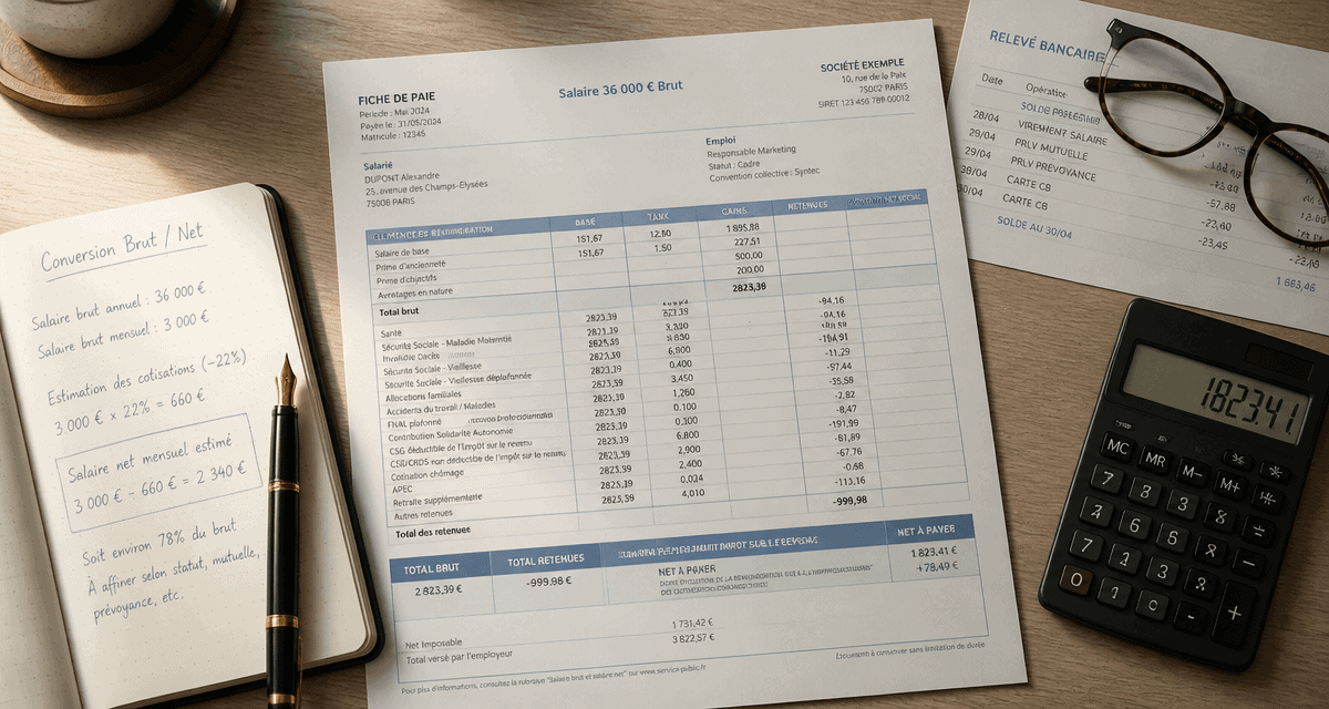 36000 brut en net fiche de paie bureau