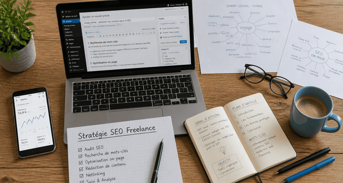 bureau rédacteur web seo freelance avec ordinateur et carnet