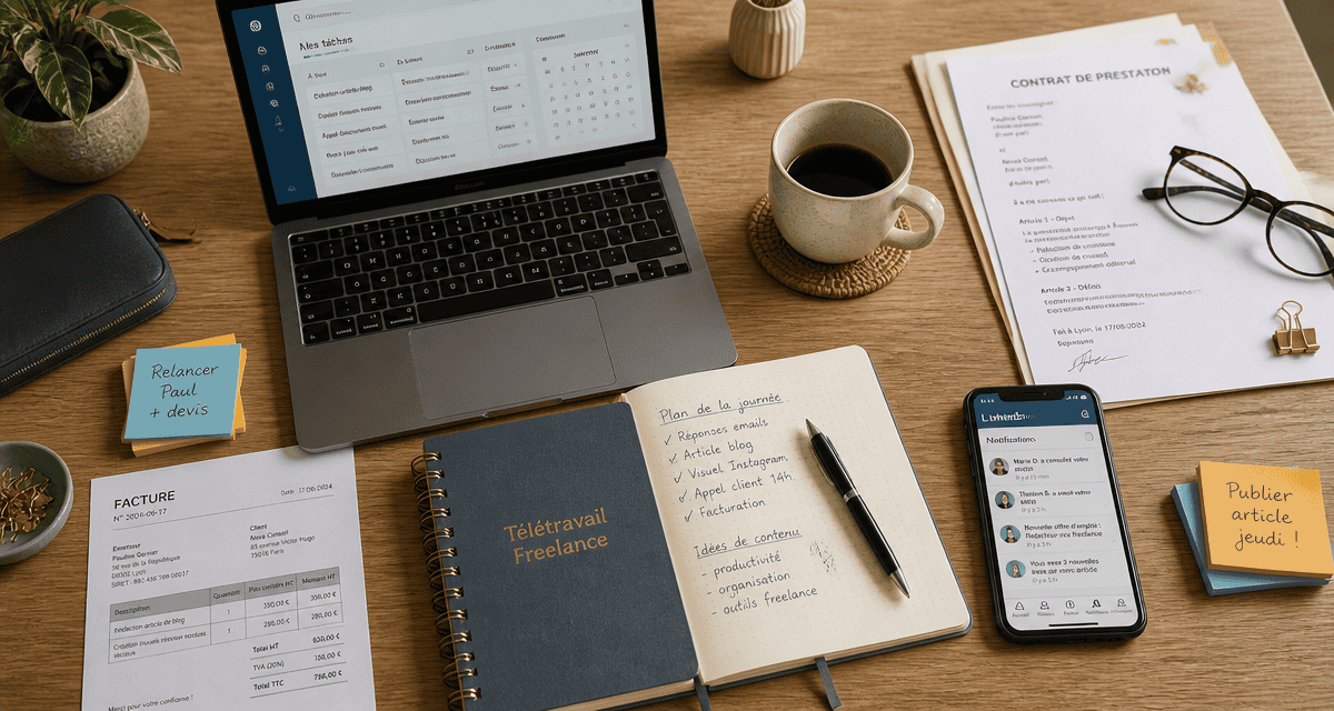 bureau teletravail en ligne freelance avec ordinateur carnet et contrat