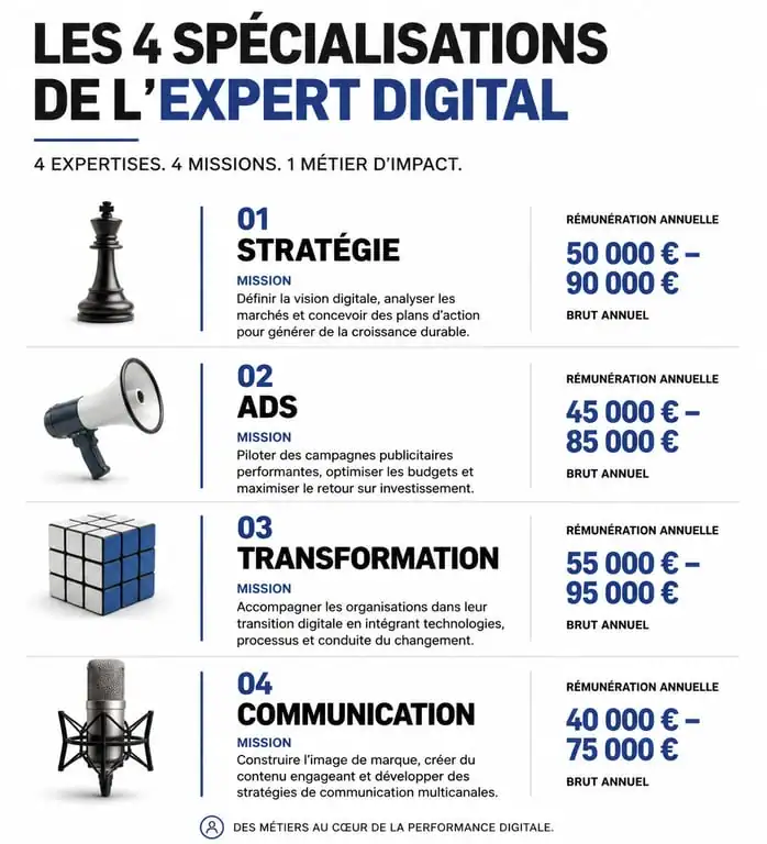 Infographie des spécialisations et missions d'un expert digital en entreprise
