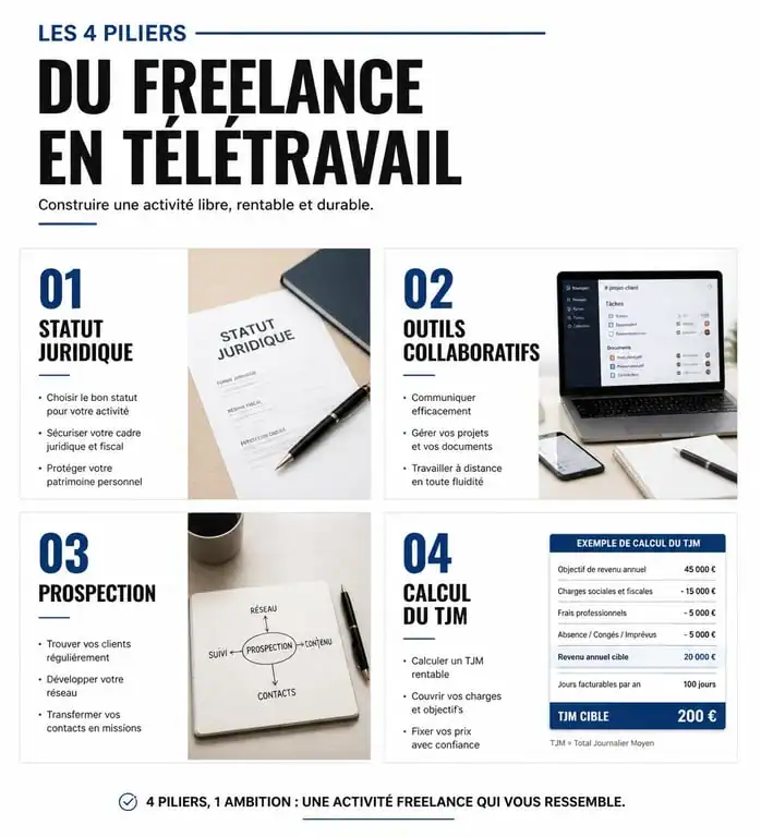 Infographie des étapes clés pour réussir son activité de freelance en télétravail