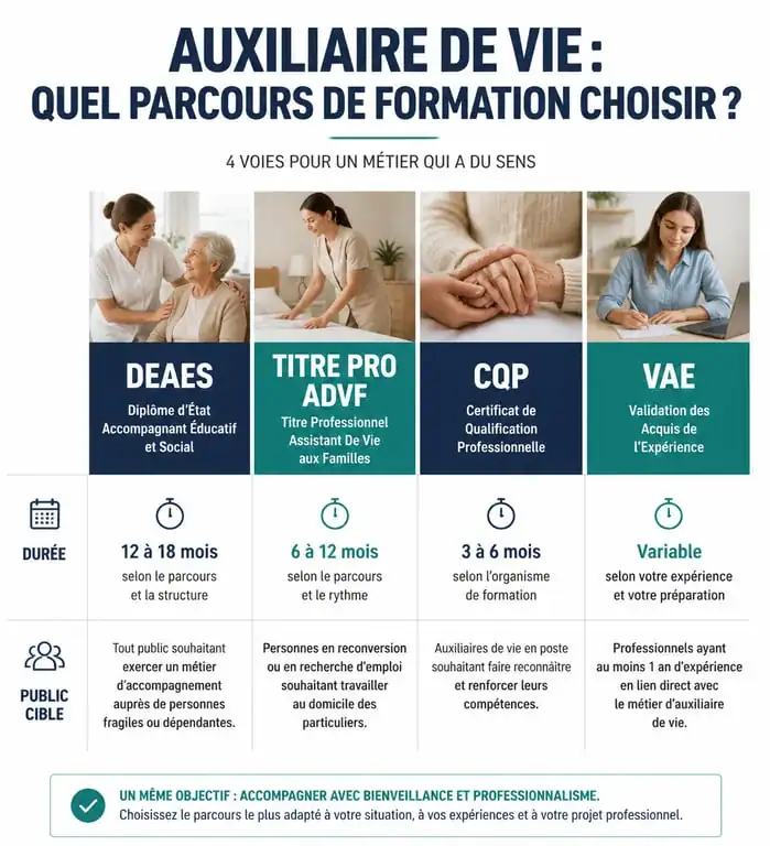 Infographie comparative des formations auxiliaire de vie Pôle emploi