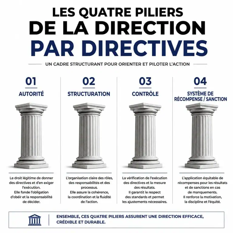 Infographie illustrant les quatre piliers du management directif : autorité, structuration, contrôle et système de récompense.