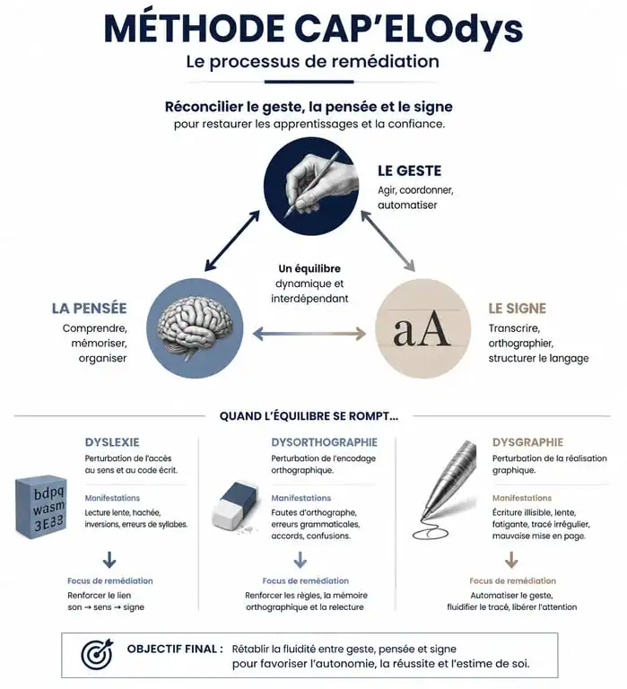 Infographie explicative de la méthode CAP'ELOdys pour l'orthographothérapeute et les troubles Dys