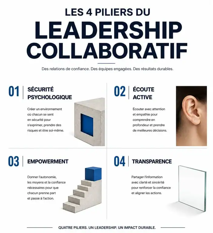 Infographie illustrant les 4 piliers du leadership collaboratif : sécurité psychologique, écoute active, empowerment et transparence