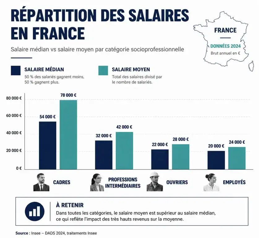 Infographie comparative du salaire médian et moyen en France par catégorie socioprofessionnelle