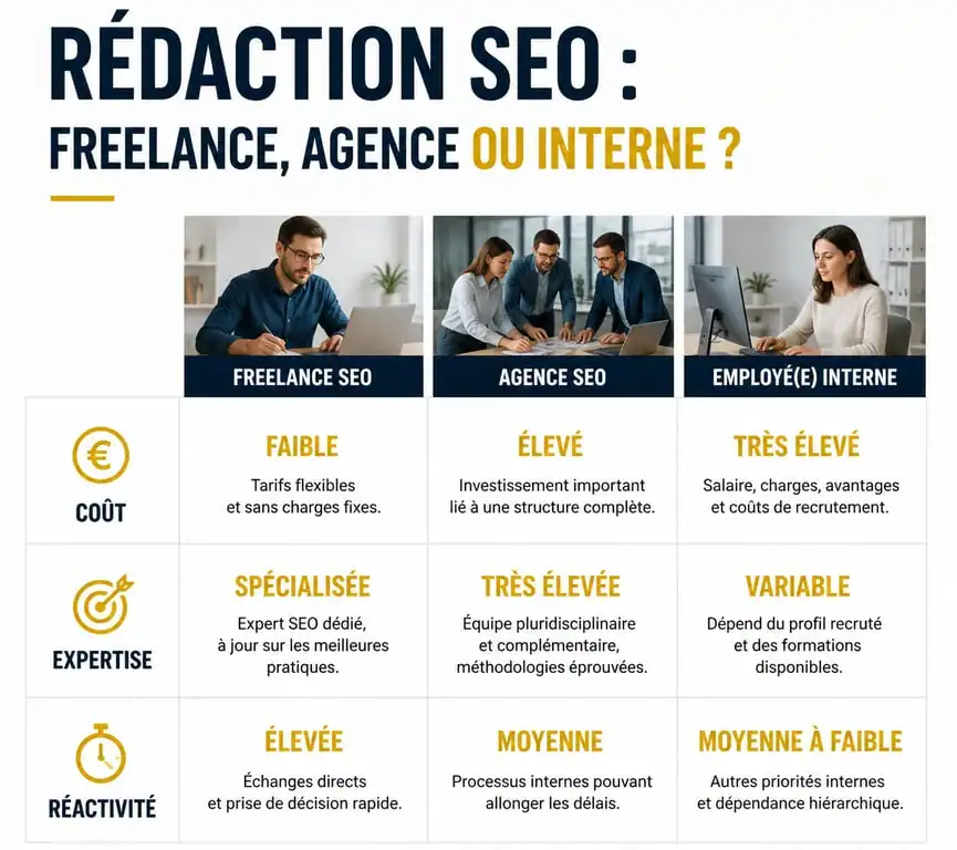 Comparatif rédacteur web SEO freelance, agence et salarié