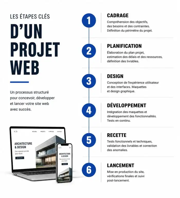 Infographie des étapes clés de la gestion de projet web : du cadrage à la mise en ligne.