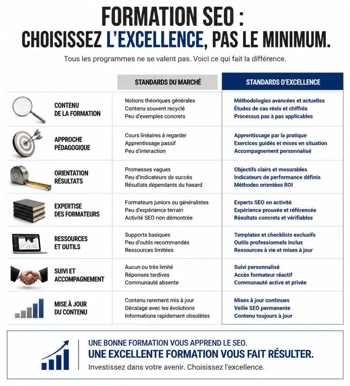 Infographie comparative des critères de qualité pour choisir une formation SEO éligible au CPF