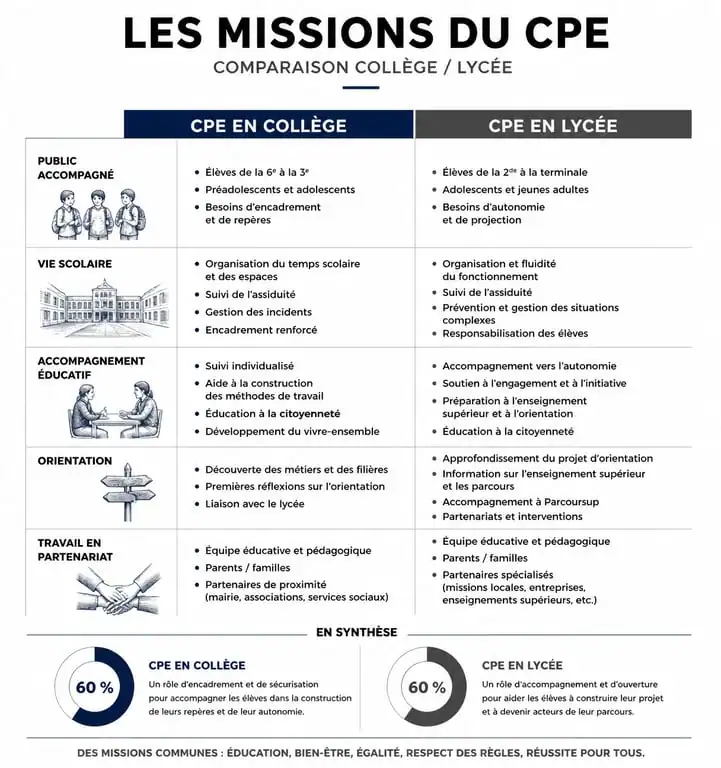 Tableau comparatif des missions du CPE collège vs lycée