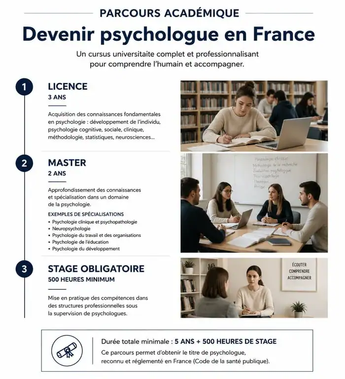 Infographie du parcours d'études pour devenir psychologue en France