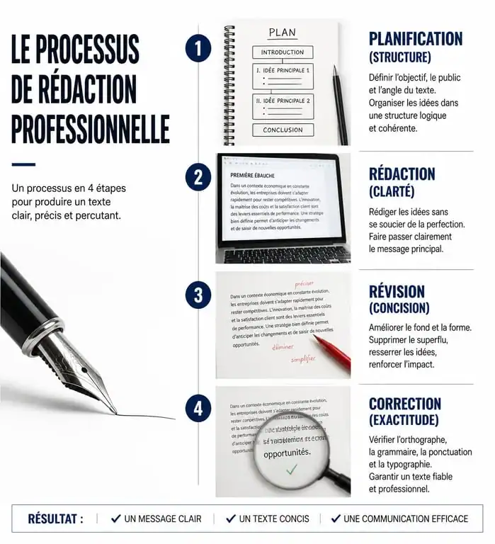 Infographie des étapes clés pour développer ses compétences rédactionnelles : planification, rédaction, révision et correction.