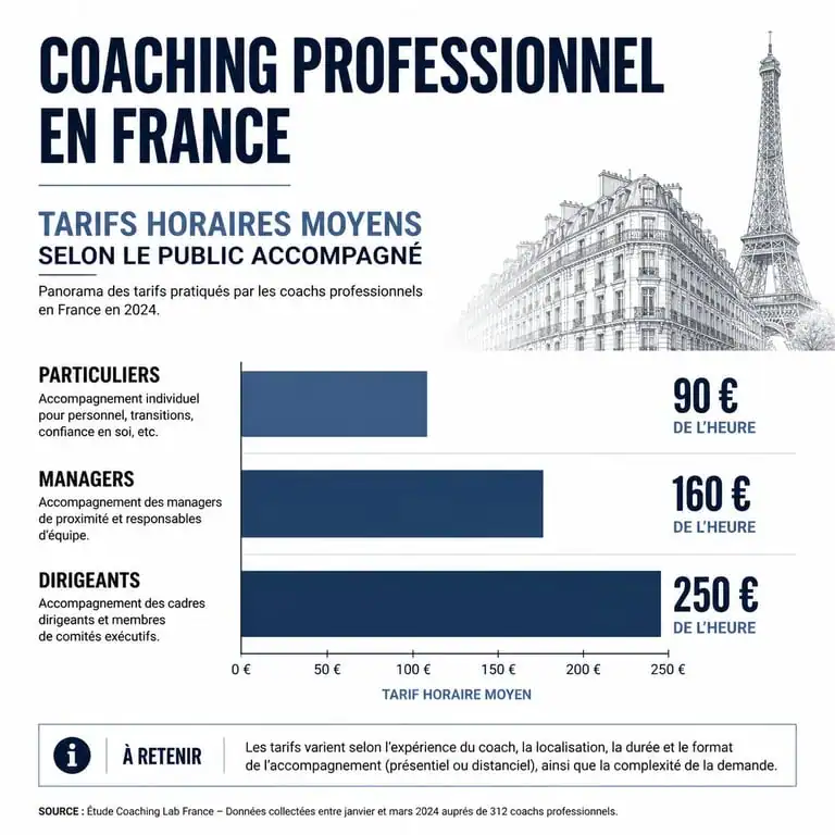 Infographie des tarifs de coaching professionnel en France : prix moyens par type d'accompagnement et facteurs de variation.