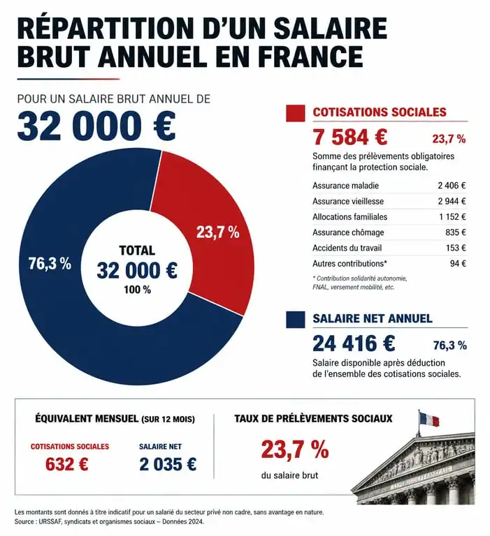 Répartition d'un salaire de 32000 brut en net : part des cotisations sociales et salaire net