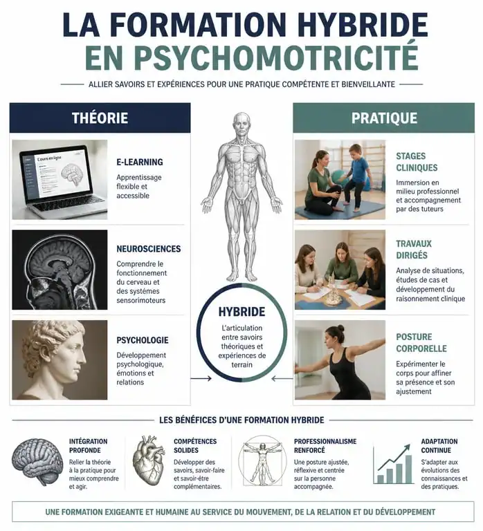 Infographie du parcours de formation hybride en psychomotricité : théorie en ligne et pratique en présentiel