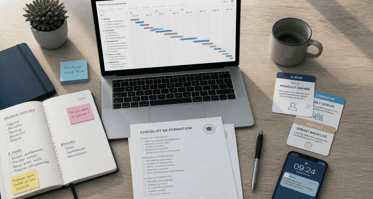 Vue bureau formation chef de projet diagramme Gantt