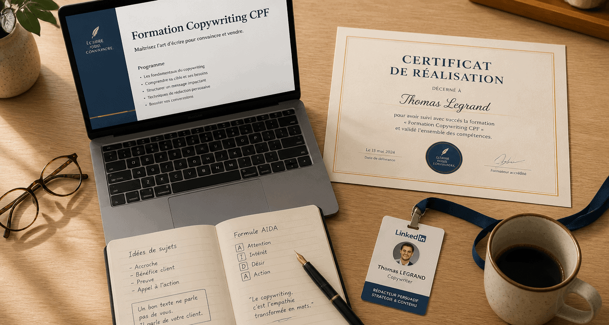 bureau avec formation copywriting cpf ordinateur carnet