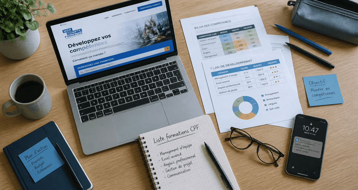 formation cpf liste sur bureau avec documents et ordinateur
